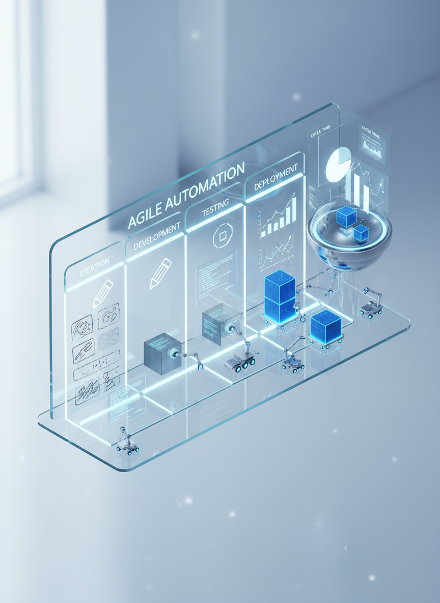An isometric kanban-style board rendered as a floating 3D glass surface, divided into columns by softly glowing rails. On the left, semi-transparent, textured task blocks appear hand-drawn and irregular, while to the right they transform into precisely faceted, luminous data cubes moving along automated tracks beneath the board. Thin robotic arms and small autonomous carts route the cubes to an analytics pod, where charts are holographically projected. Cool white and blue ambient lighting casts crisp reflections on the glass, with subtle shadows enhancing depth. The mood is efficient and analytical, framed in a centered isometric composition with clean, modern styling that visualizes the shift from manual work to AI-driven automation in Agile planning.